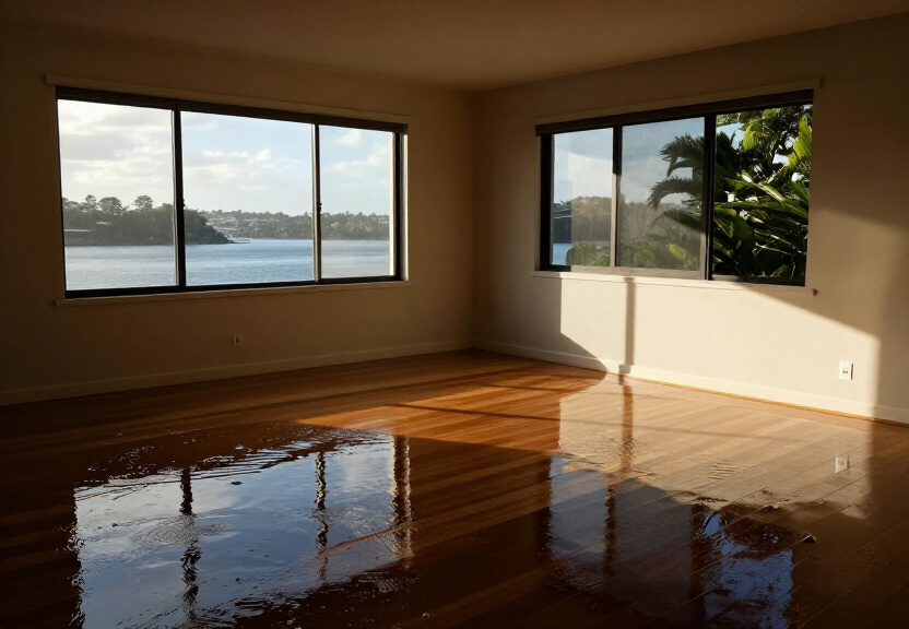 Flooded living room in Melrose Park before restoration